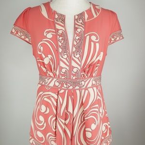 BCBG Maxazria Pink/Cream Scroll Cap-Sleeve V-Neck Jersey Top Blouse Size Small